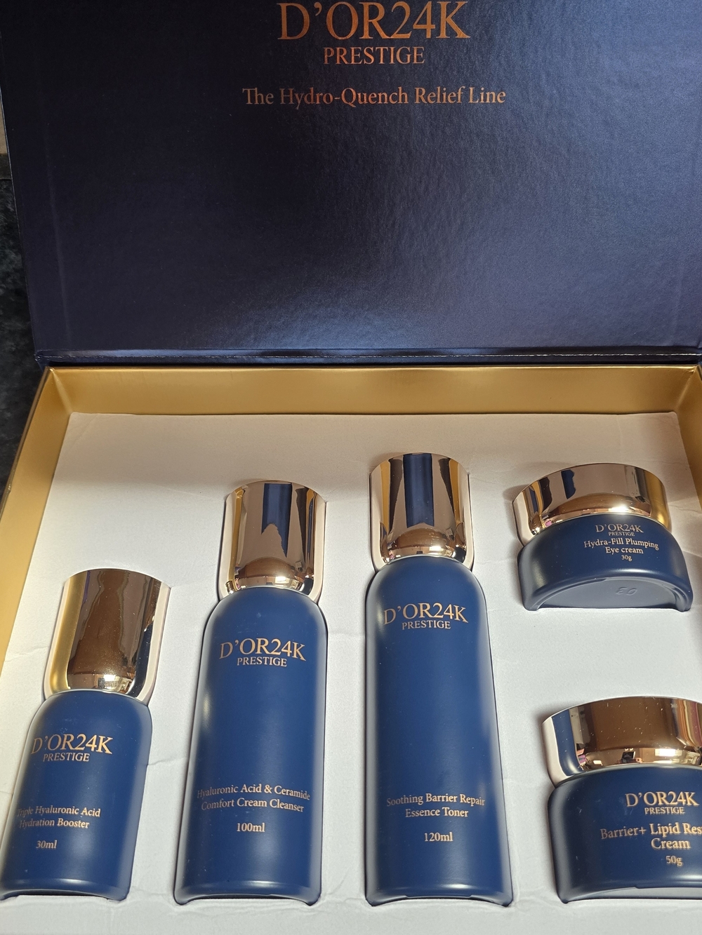 D'OR24K PRESTIGE Women's Hydro-Quench Relief Line 5-Piece Set - Blue & Gold NIB